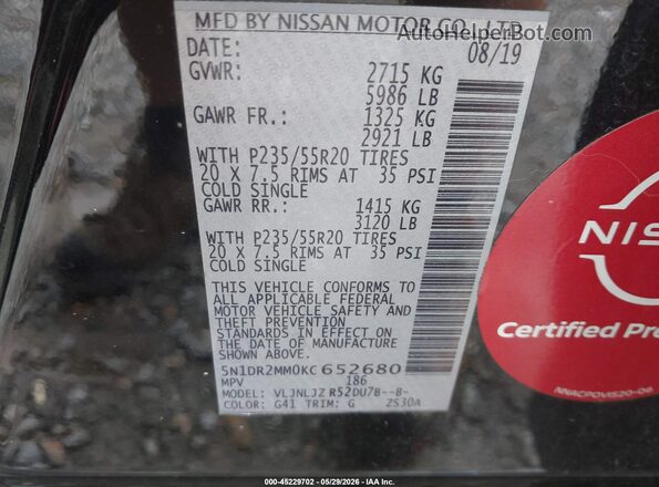 5N1DR2MM0KC652680 2019 NISSAN PATHFINDER Black Вид підкапотного простору