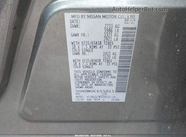 5N1DR2MM1HC655015 2017 NISSAN PATHFINDER Gray Engine compartment view