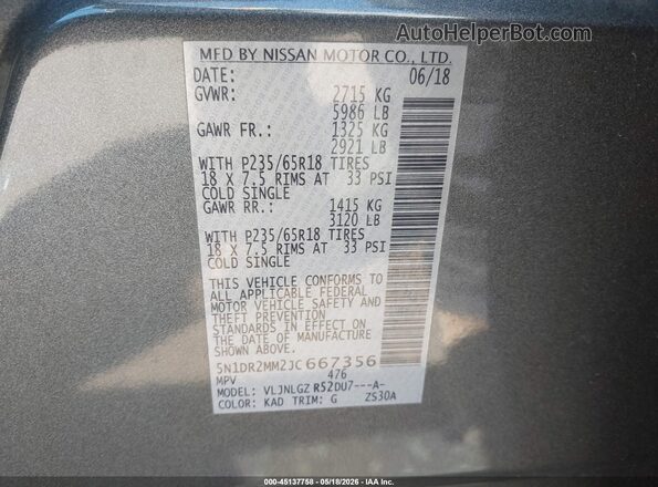5N1DR2MM2JC667356 2018 NISSAN PATHFINDER Gray Вид підкапотного простору