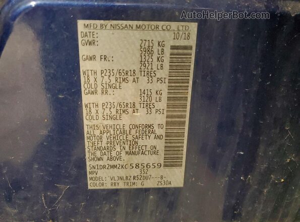 5N1DR2MM2KC585659 2019 NISSAN PATHFINDER Blue Vista de la etiqueta del VIN