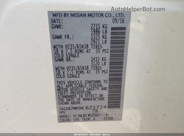 5N1DR2MM3HC621724 2017 NISSAN PATHFINDER White Вид підкапотного простору