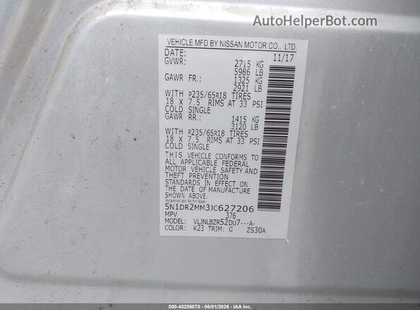 5N1DR2MM3JC627206 2018 NISSAN PATHFINDER Silver 