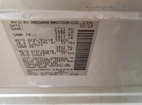 5N1DR2MM3KC583449 2019 NISSAN PATHFINDER Silver 