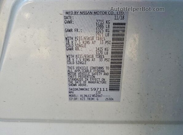 5N1DR2MM3KC597111 2019 NISSAN PATHFINDER Silver VIN sticker view