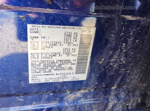 5N1DR2MM4HC620565 2017 NISSAN PATHFINDER Blue VIN კოდის სტიკერის ხედი