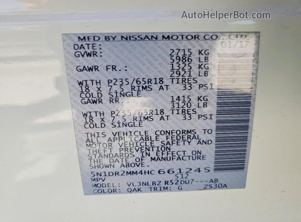 5N1DR2MM4HC661245 2017 NISSAN PATHFINDER Белый 