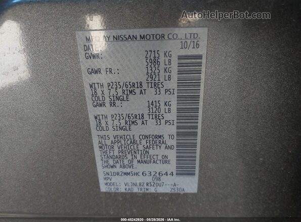 5N1DR2MM5HC632644 2017 NISSAN PATHFINDER Gray ძრავის განყოფილების ხედი