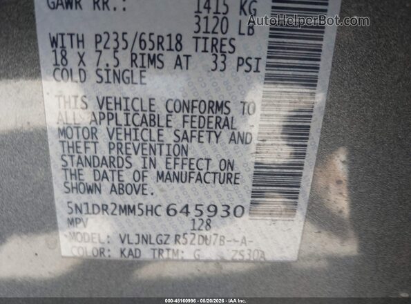 5N1DR2MM5HC645930 2017 NISSAN PATHFINDER Gray Engine compartment view