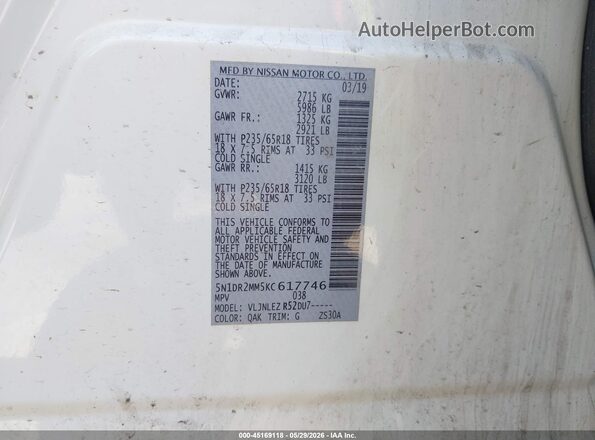 5N1DR2MM5KC617746 2019 NISSAN PATHFINDER White Widok komory silnika