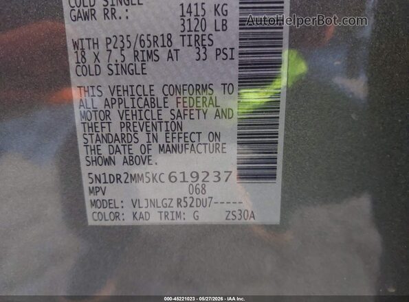 5N1DR2MM5KC619237 2019 NISSAN PATHFINDER Gray Vista del compartimento del motor