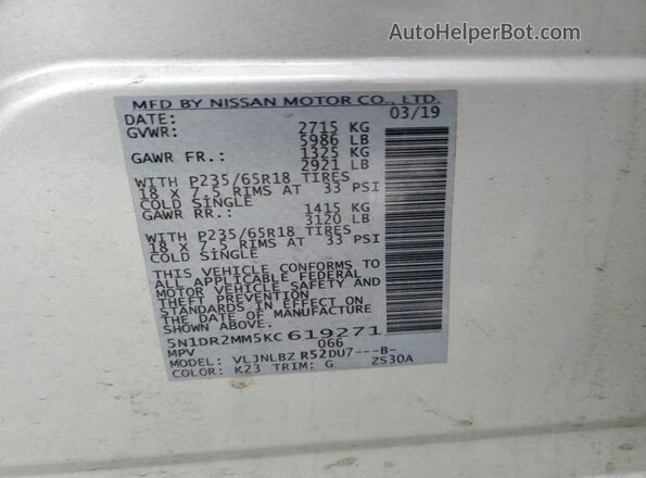 5N1DR2MM5KC619271 2019 NISSAN PATHFINDER Silver Vista de la etiqueta del VIN