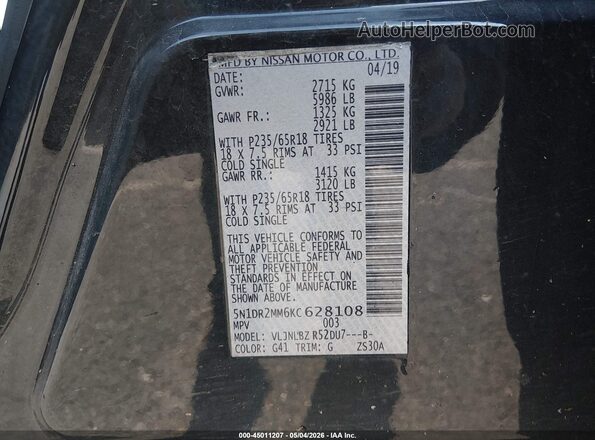 5N1DR2MM6KC628108 2019 NISSAN PATHFINDER Black Engine compartment view