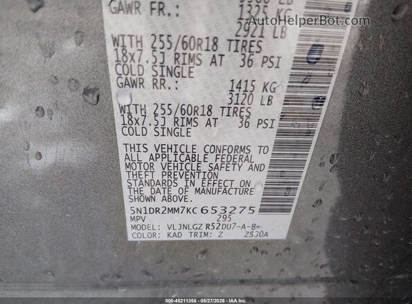 5N1DR2MM7KC653275 2019 NISSAN PATHFINDER Серый Вид подкапотного пространства