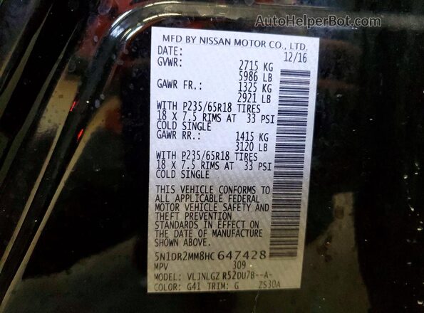 5N1DR2MM8HC647428 2017 NISSAN PATHFINDER Black VIN sticker view