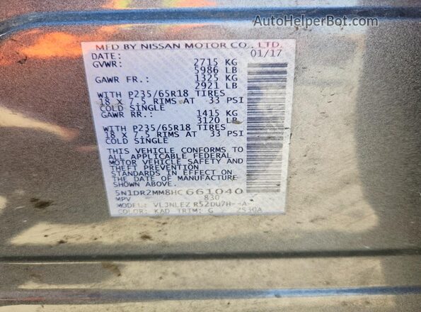 5N1DR2MM8HC661040 2017 NISSAN PATHFINDER Gray Vista de la etiqueta del VIN