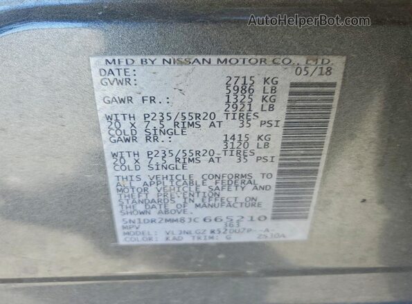 5N1DR2MM8JC665210 2018 NISSAN PATHFINDER Gray Вид наклейки з VIN-кодом