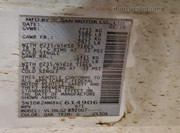5N1DR2MM8KC614906 2019 NISSAN PATHFINDER White Widok naklejki z numerem VIN