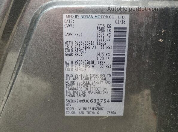 5N1DR2MM9JC633754 2018 NISSAN PATHFINDER Gray 