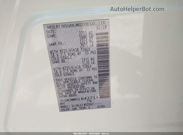 5N1DR2MM9JC642714 2018 NISSAN PATHFINDER White Շարժիչի բաժամունքի տեսք