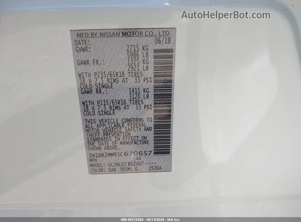 5N1DR2MM9JC670657 2018 NISSAN PATHFINDER White Вид підкапотного простору