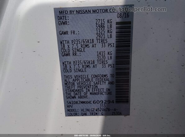 5N1DR2MMXHC609294 2017 NISSAN PATHFINDER White Engine compartment view