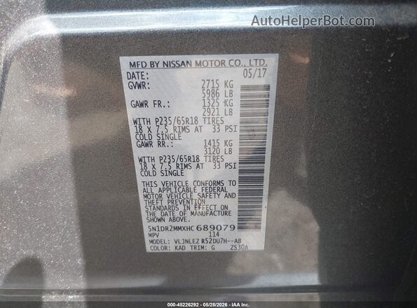 5N1DR2MMXHC689079 2017 NISSAN PATHFINDER Gray 