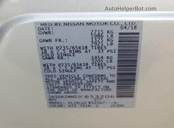 5N1DR2MN0JC653206 2018 NISSAN PATHFINDER Silver Vista interior de 360 grados