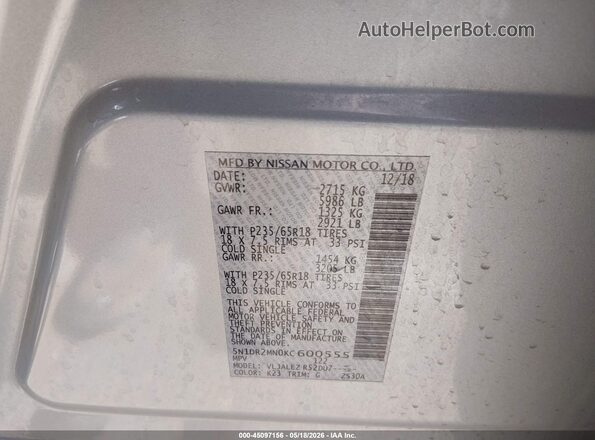 5N1DR2MN0KC600555 2019 NISSAN PATHFINDER Серебряный Вид подкапотного пространства
