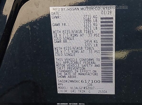 5N1DR2MN0KC617100 2019 NISSAN PATHFINDER Black Engine compartment view