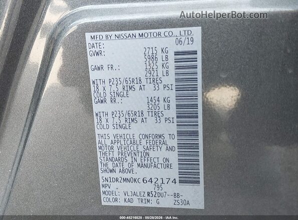 5N1DR2MN0KC642174 2019 NISSAN PATHFINDER Gray ძრავის განყოფილების ხედი
