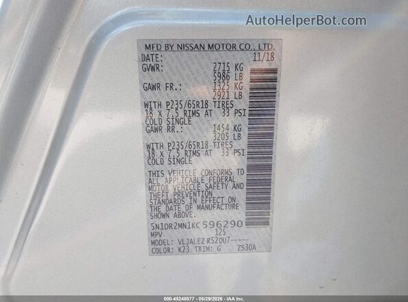 5N1DR2MN1KC596290 2019 NISSAN PATHFINDER Silver Вид підкапотного простору