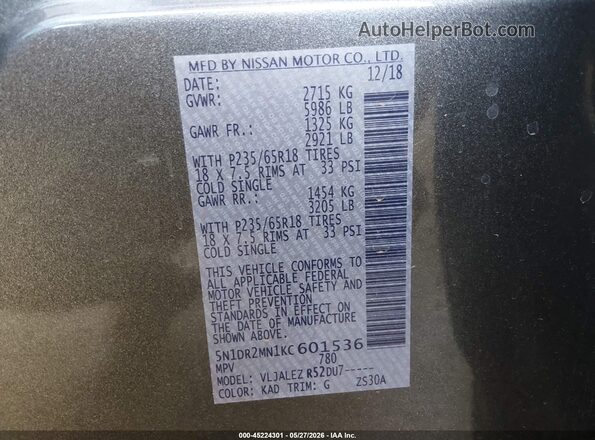 5N1DR2MN1KC601536 2019 NISSAN PATHFINDER Gray 