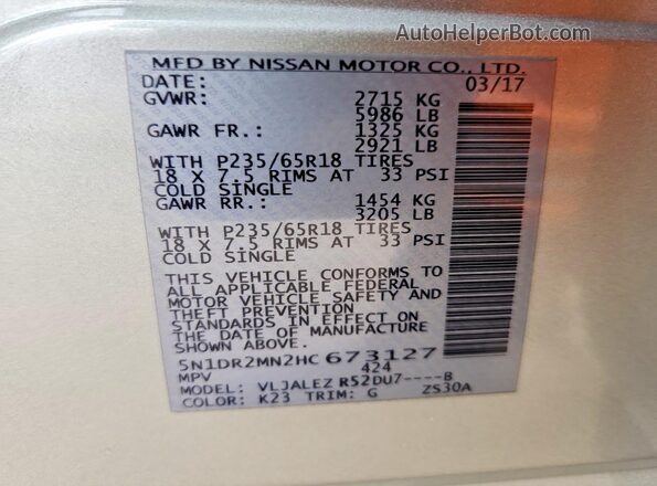 5N1DR2MN2HC673127 2017 NISSAN PATHFINDER Silver 