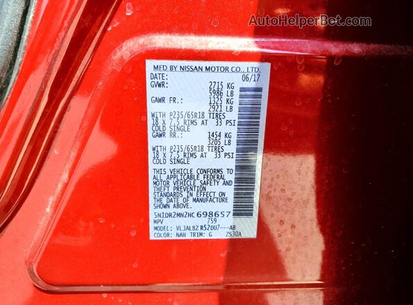 5N1DR2MN2HC698657 2017 NISSAN PATHFINDER Red Vista de la etiqueta del VIN