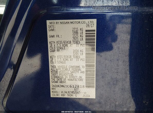 5N1DR2MN2JC612818 2018 NISSAN PATHFINDER Blue Vista del compartimento del motor