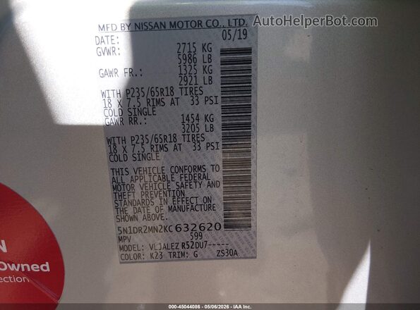 5N1DR2MN2KC632620 2019 NISSAN PATHFINDER Silver ძრავის განყოფილების ხედი