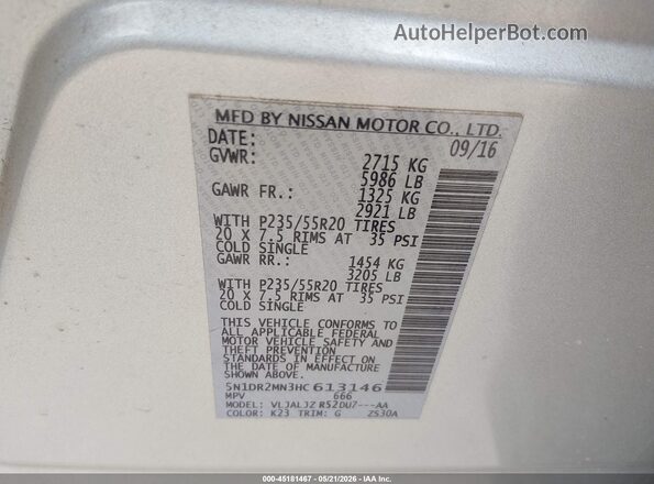5N1DR2MN3HC613146 2017 NISSAN PATHFINDER Серебряный 