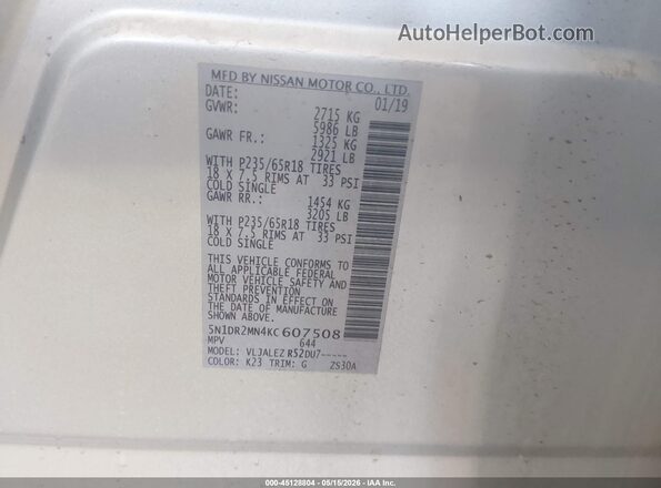 5N1DR2MN4KC607508 2019 NISSAN PATHFINDER Silver Вид підкапотного простору