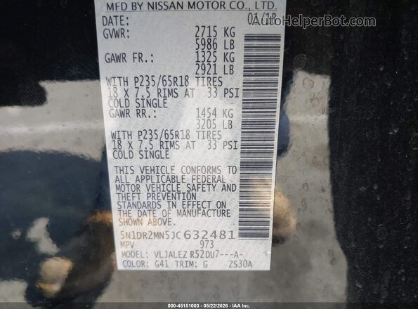 5N1DR2MN5JC632481 2018 NISSAN PATHFINDER Black Շարժիչի բաժամունքի տեսք