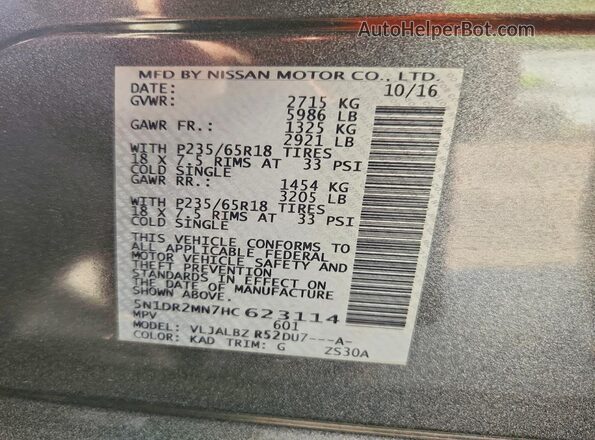 5N1DR2MN7HC623114 2017 NISSAN PATHFINDER Серый Вид наклейки с VIN-кодом