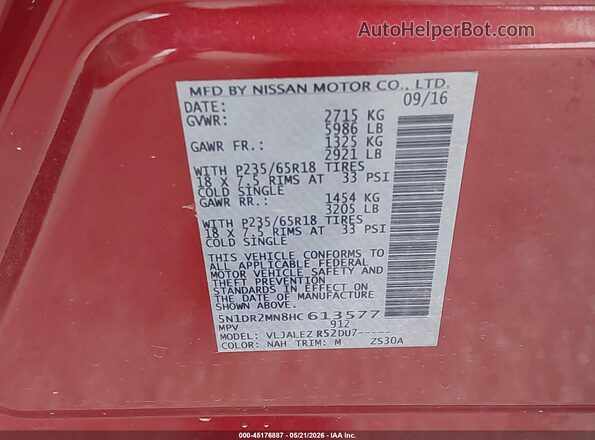 5N1DR2MN8HC613577 2017 NISSAN PATHFINDER Red Widok komory silnika