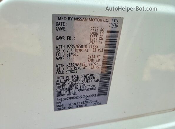 5N1DR2MN8HC626491 2017 NISSAN PATHFINDER White 
