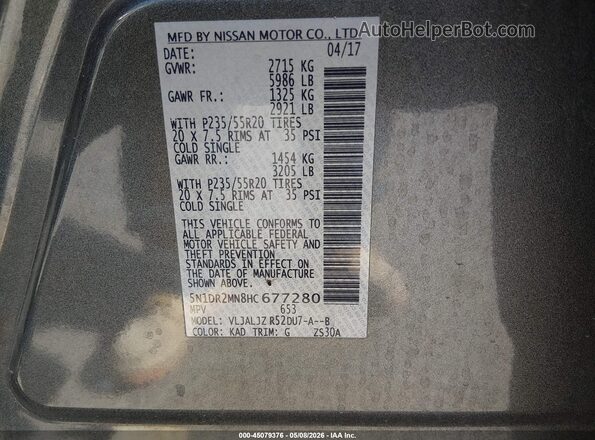 5N1DR2MN8HC677280 2017 NISSAN PATHFINDER Gray Engine compartment view