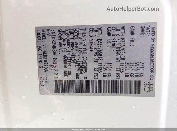 5N1DR2MN8HC685721 2017 NISSAN PATHFINDER White Vista del compartimento del motor