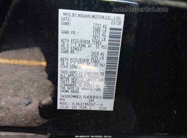 5N1DR2MN8JC648805 2018 NISSAN PATHFINDER Black Widok komory silnika