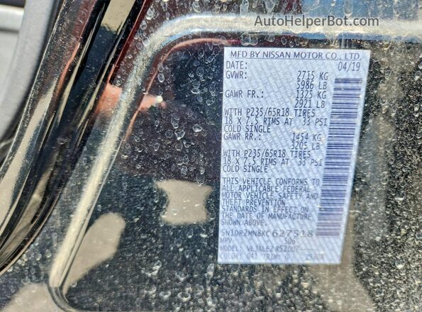 5N1DR2MN8KC627518 2019 NISSAN PATHFINDER Black Вид наклейки з VIN-кодом