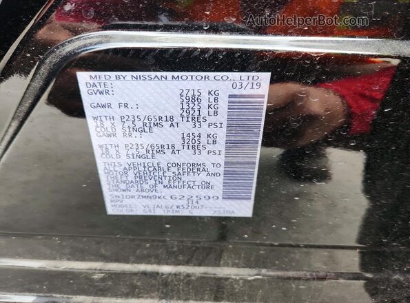 5N1DR2MN9KC622599 2019 NISSAN PATHFINDER Gray VIN կոդի պիտակի տեսք
