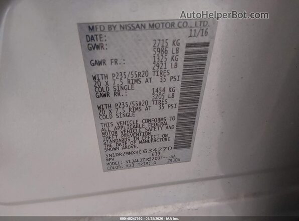 5N1DR2MNXHC634270 2017 NISSAN PATHFINDER Серебряный 
