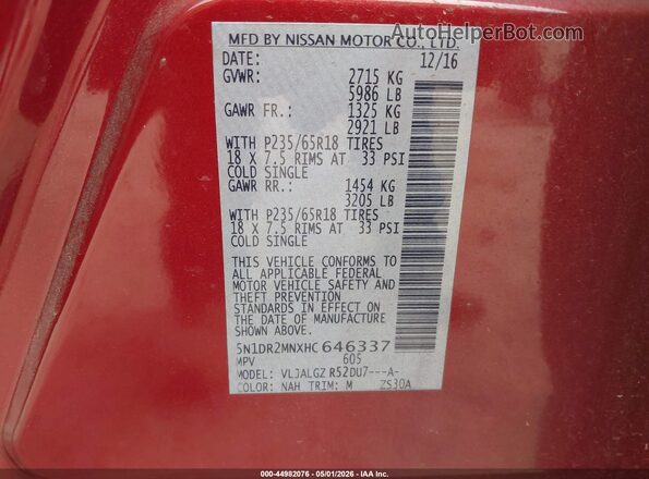 5N1DR2MNXHC646337 2017 NISSAN PATHFINDER Red 