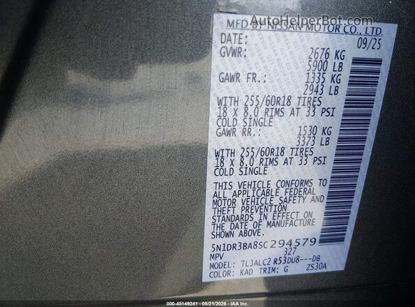 5N1DR3BA8SC294579 2025 NISSAN PATHFINDER Gray ძრავის განყოფილების ხედი